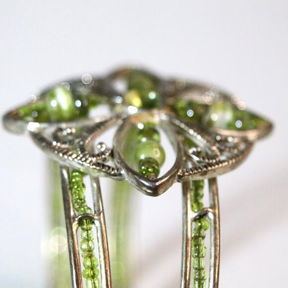Filagree Cuff Bracelet Silver Tone Green Stones and Beads - Picture 8 of 11